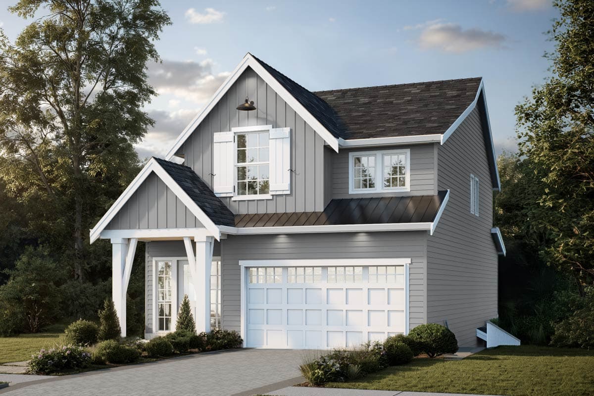 House plan exterior: two-story Modern Farmhouse with gable roof, covered porch, and attached front-entry garage.