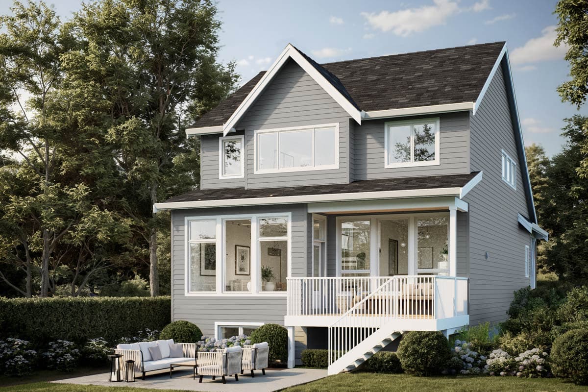 Two-story house plan exterior with gray siding, prominent gables, large windows, and a rear deck with stairs.