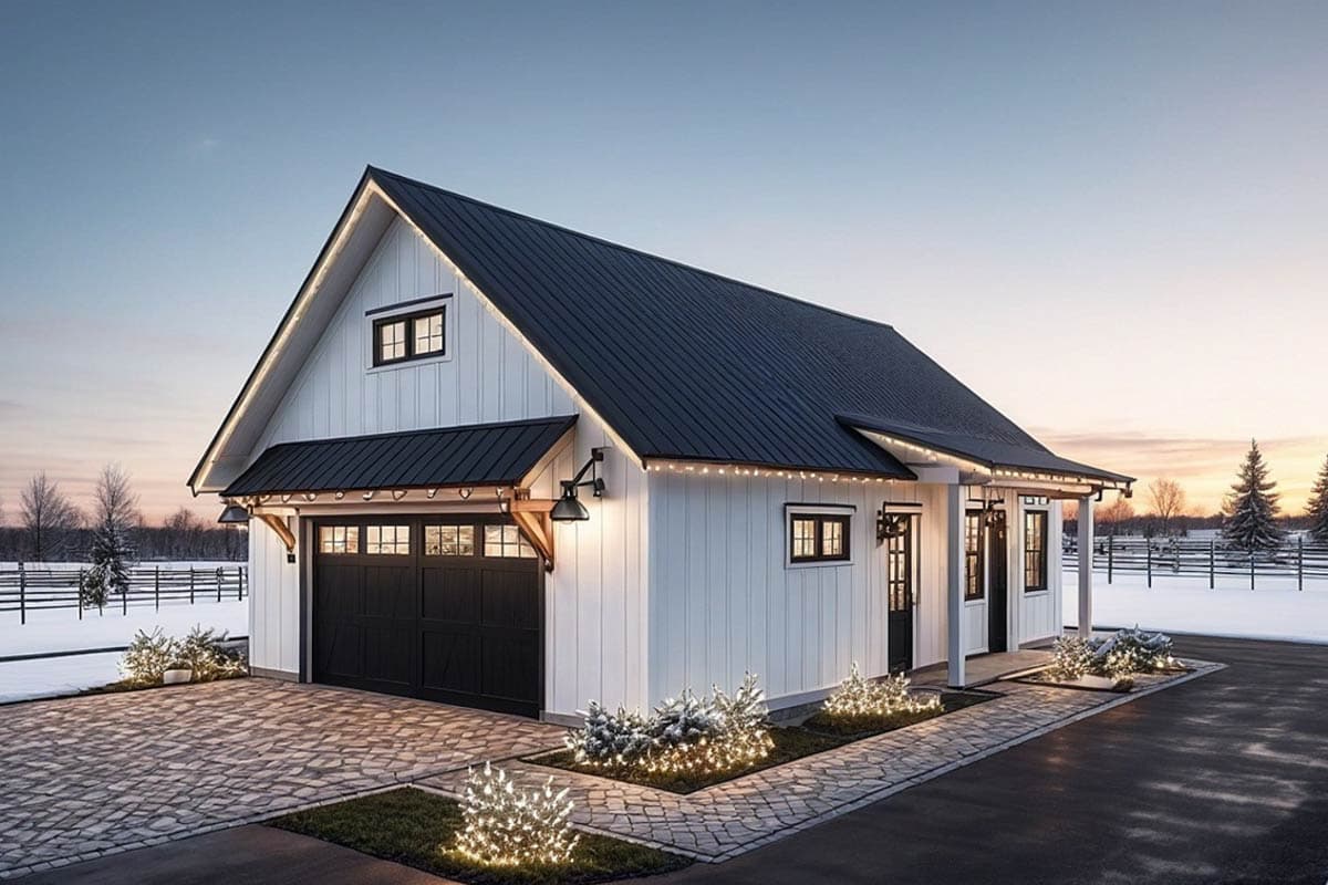 House plan exterior with board and batten siding, black metal roof, and gabled garage entry. Features a porch and small windows.