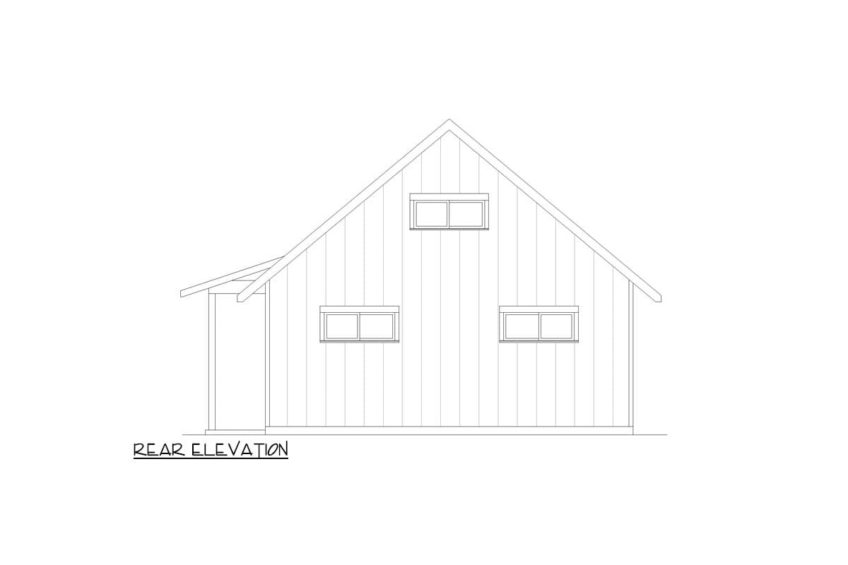 Rear elevation drawing of a house with a gable roof, three windows on the main level, and one dormer window.