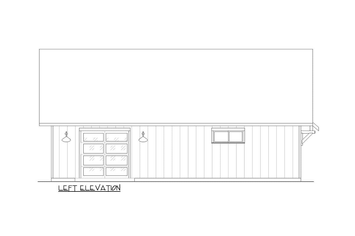 Left elevation drawing shows a paneled garage door, a small window, and two exterior lights.