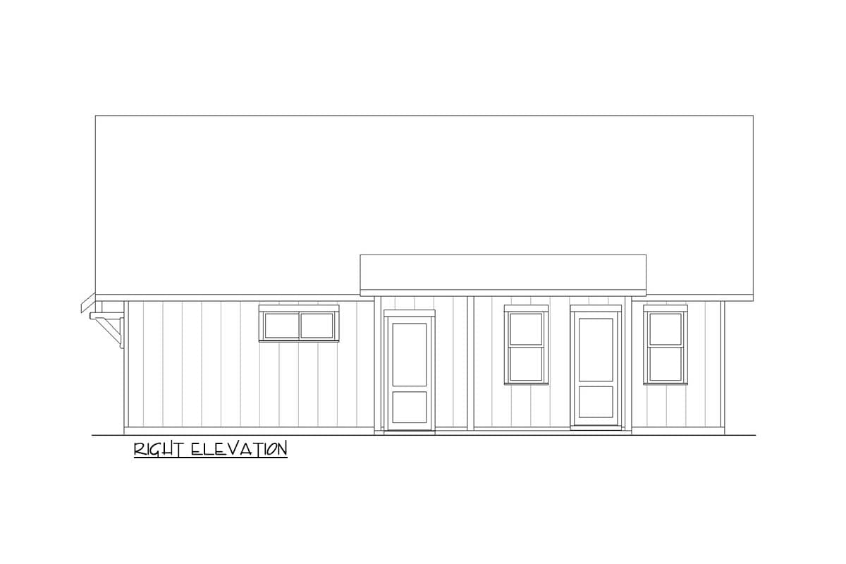 Right elevation drawing of a house plan showing two doors, three windows, and horizontal siding.