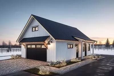 Modern Farmhouse 2-Car Garage House Plan with Workshop and Lanai