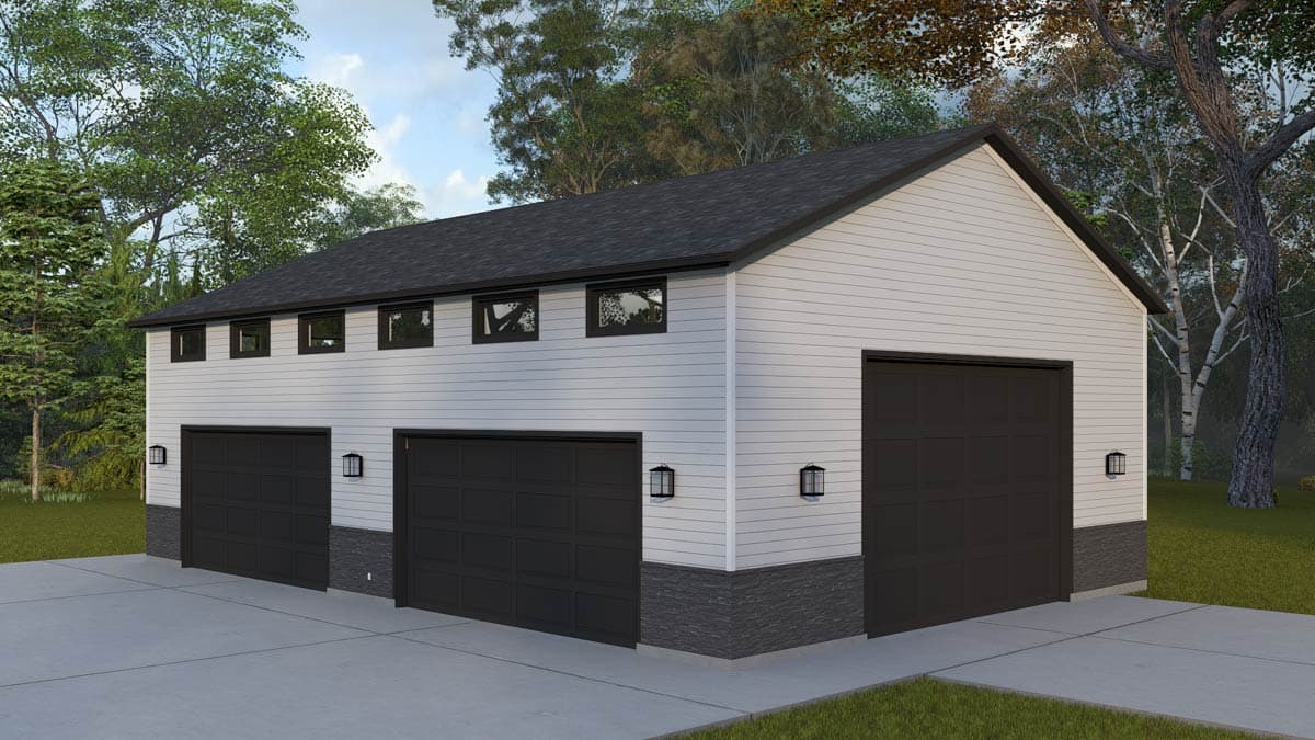 Modern house plan exterior with white siding, three garage doors, stone base, and clerestory windows.