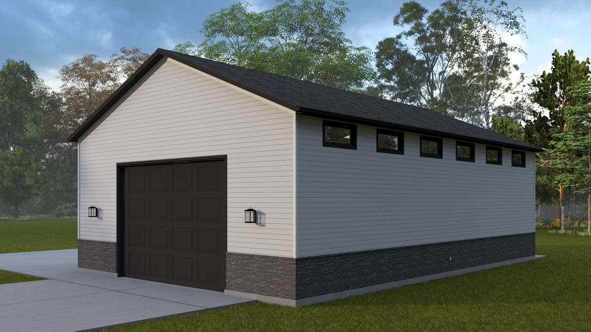 House plan exterior showing a one-story garage with a dark garage door, gable roof, and horizontal siding with stone veneer.
