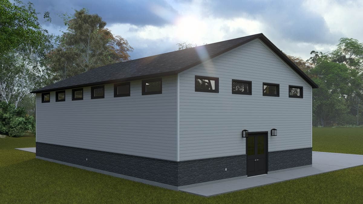 House plan exterior: Two-story modern design with horizontal siding, stone-clad foundation, multiple clerestory windows, and double-door entrance.