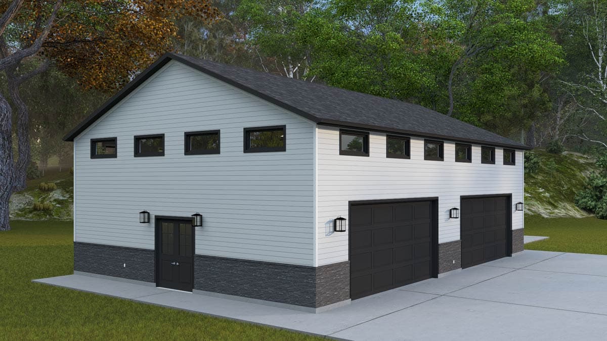 Two-story house plan exterior with white siding, dark stone wainscoting, two garage doors, and a double-door entry.
