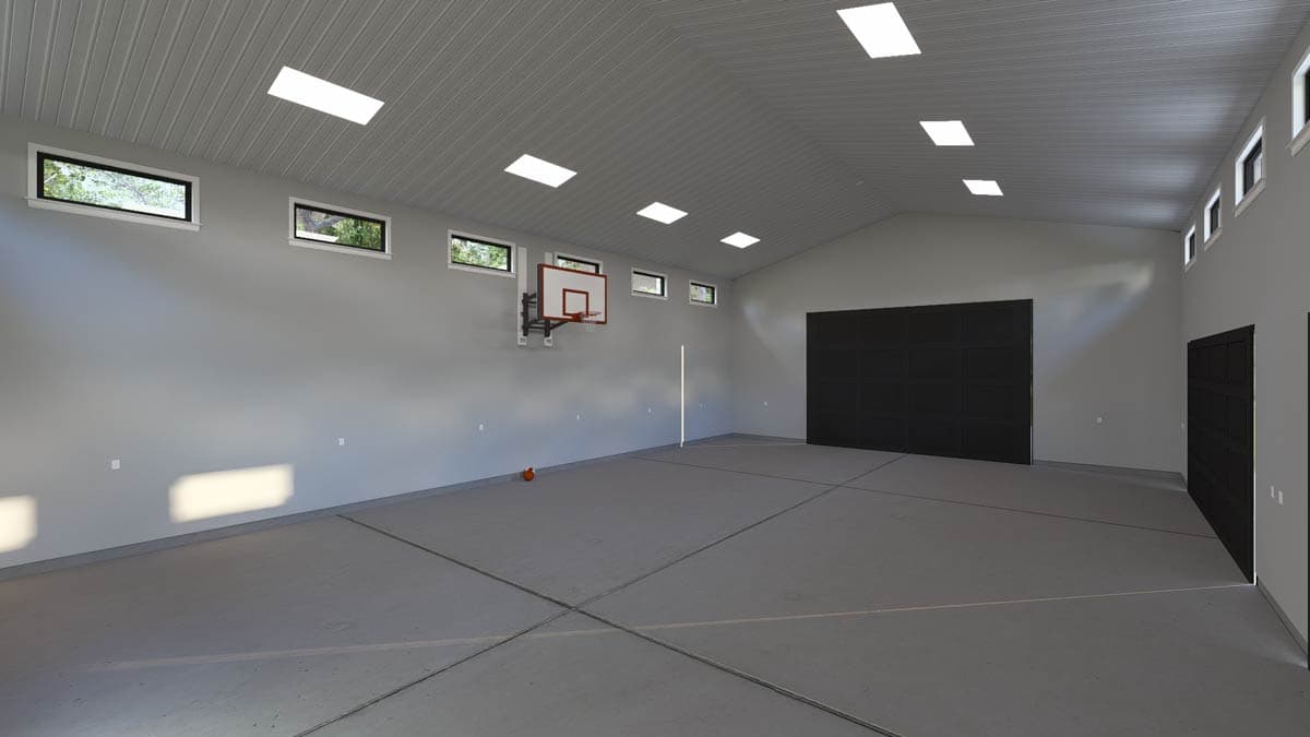 Interior rendering of a large garage space with a high ceiling, skylights, basketball hoop, and two garage doors.