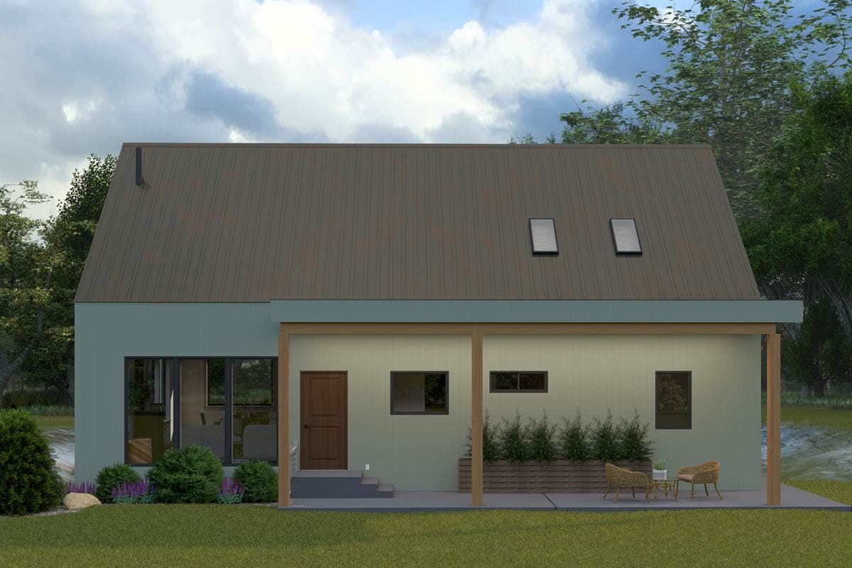 House plan exterior. Modern style with a single-story design. Features include a covered porch, a gable roof, and two skylights.