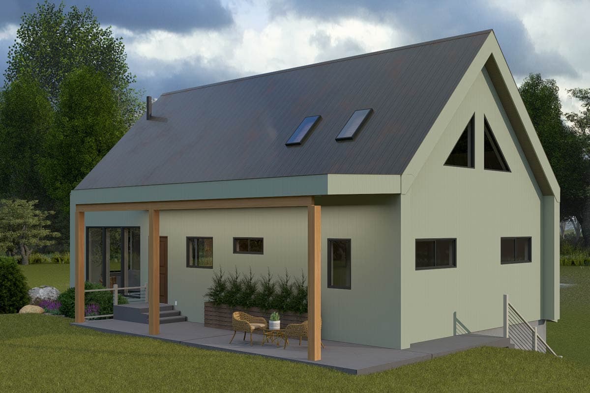 Modern house plan exterior with a steeply pitched metal roof, gables, and covered porch with exposed wooden beams.
