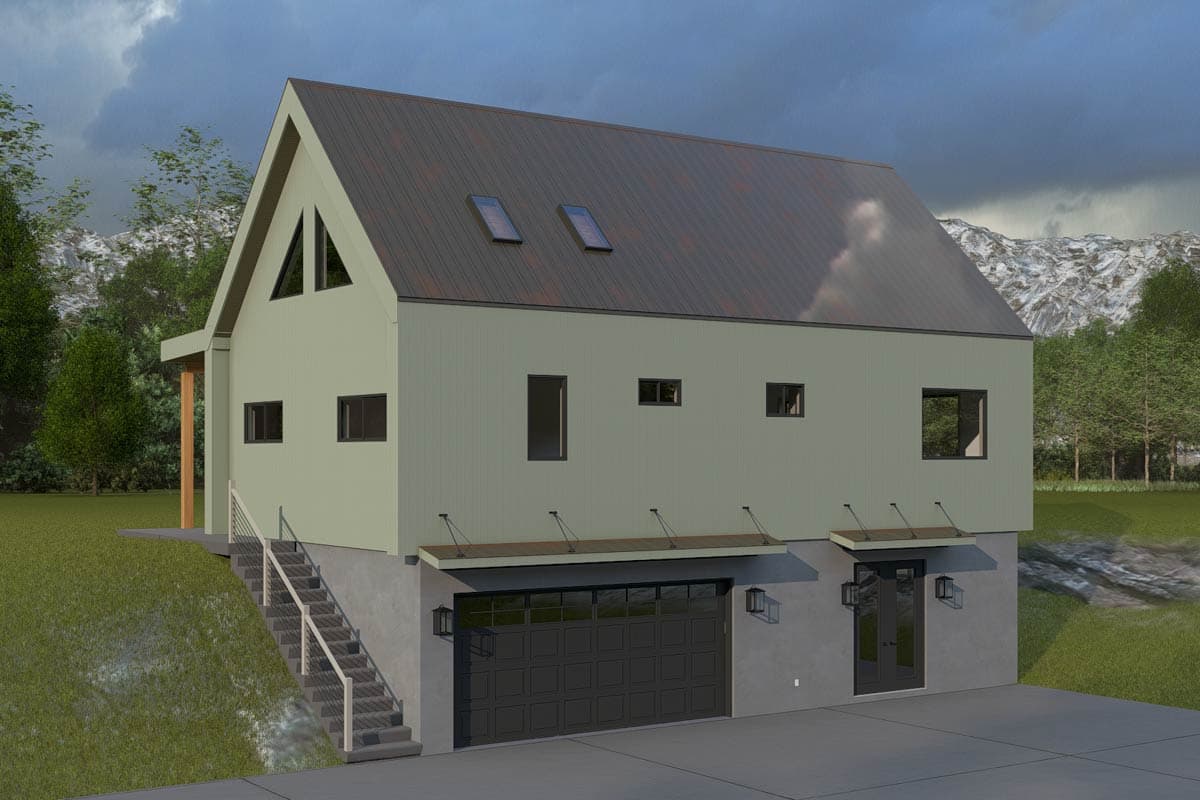 House plan exterior: Modern style, two stories, prominent gable, metal roof with skylights, and a three-car garage.