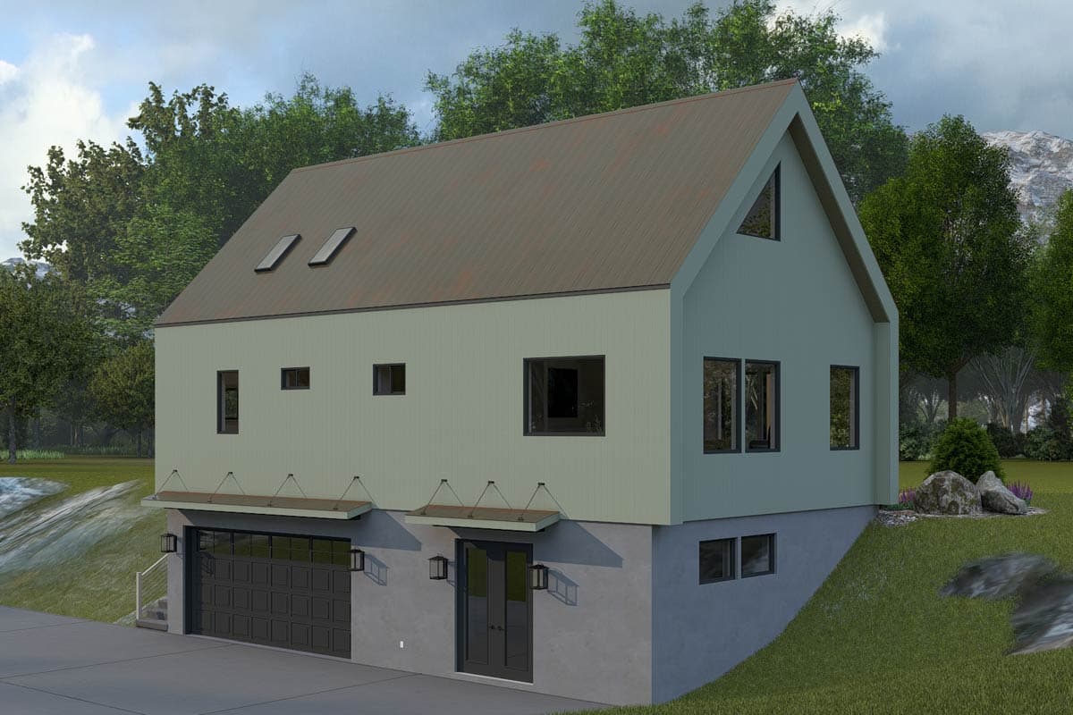 Modern house plan exterior with a two-story design, metal gable roof, garage, and multiple window types.