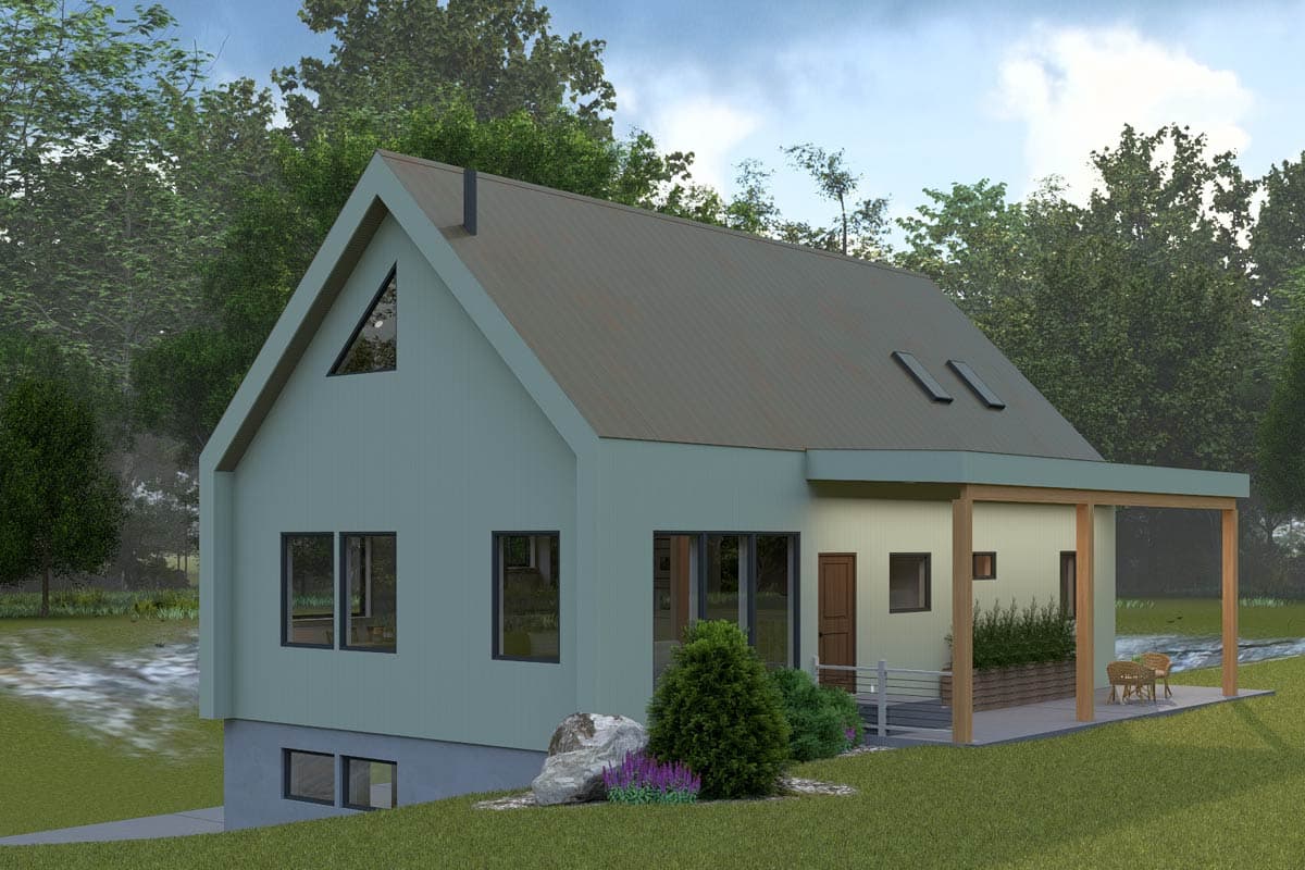 House plan exterior: Modern style, two stories, gabled roof, prominent triangular window, and covered porch.