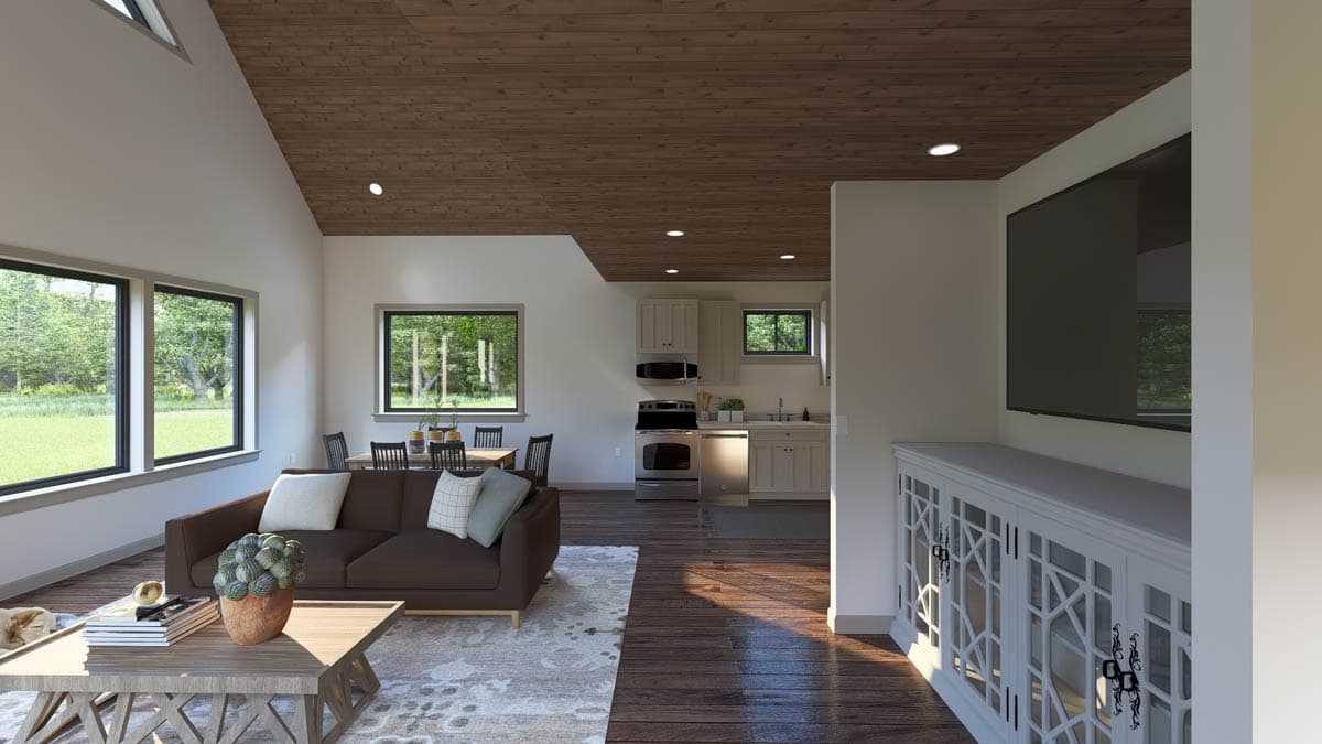 Modern house interior rendering showing open living, dining, and kitchen areas with vaulted, wood-paneled ceilings and large windows.