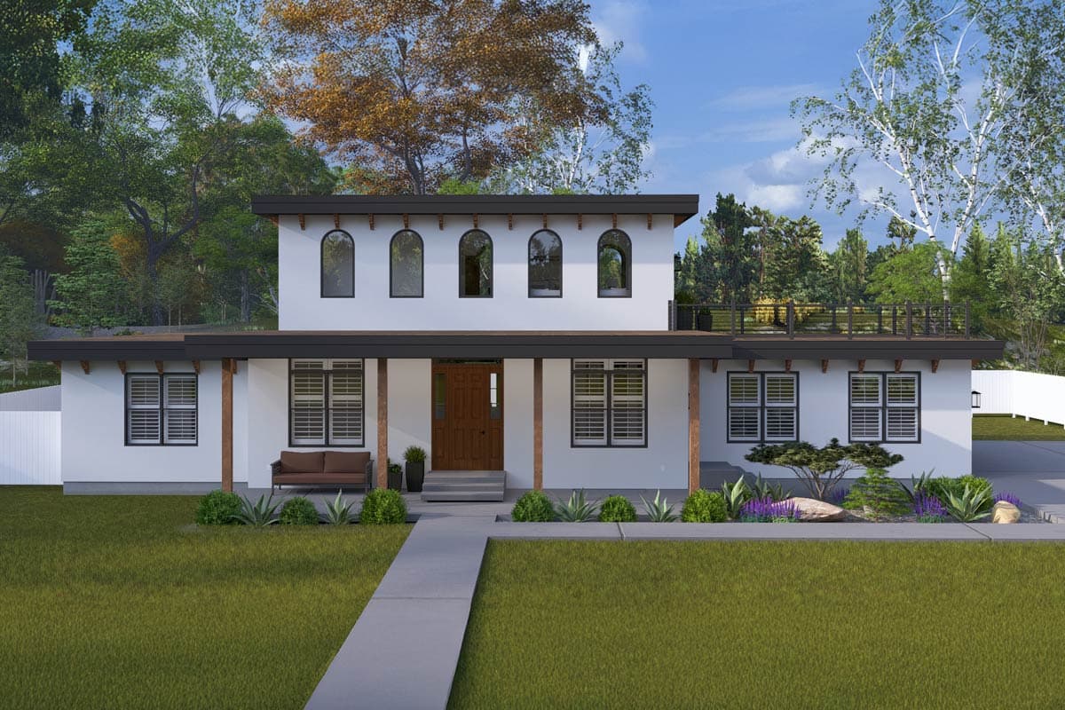 House plan exterior. Two-story Modern house with a flat roof, prominent porch, arched windows on the second story, and a roof deck.