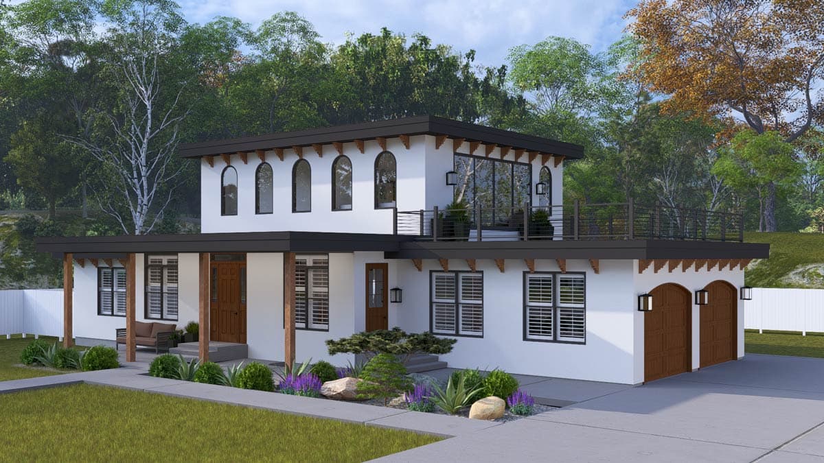 Modern house plan exterior, two stories, flat roof, arched windows, covered porch, and double garage doors.