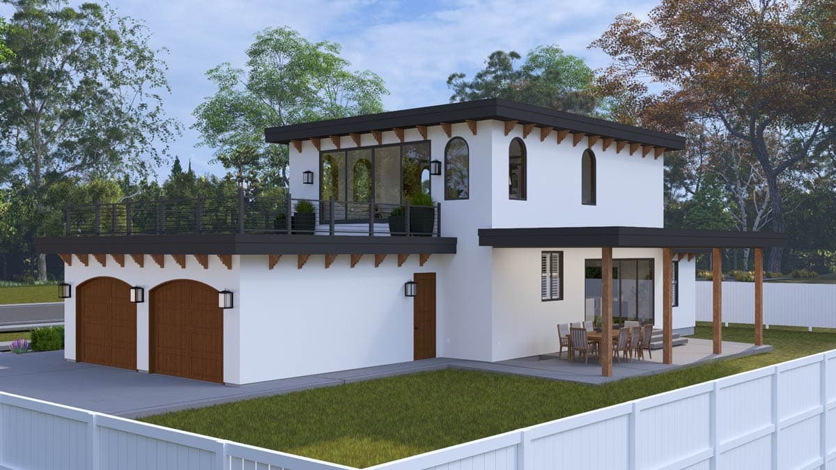 House plan exterior: two-story modern home with two-car garage, covered patio, and second-story balcony.