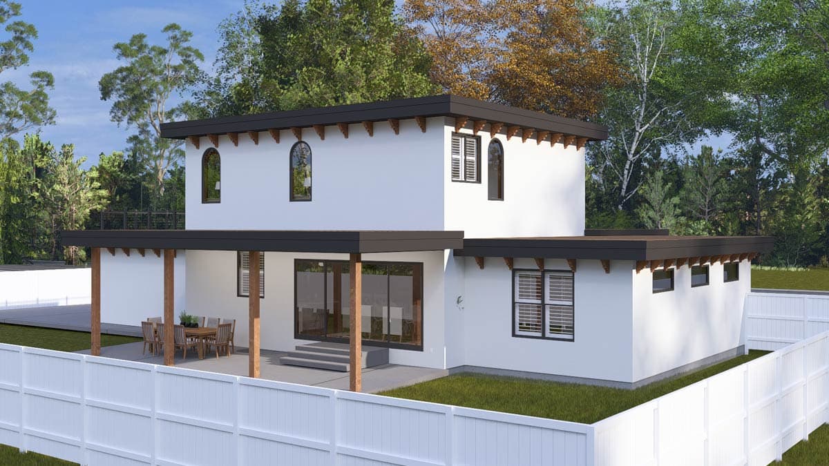 House plan exterior of a two-story modern home with flat roof, covered patio with dining set, and arched windows.