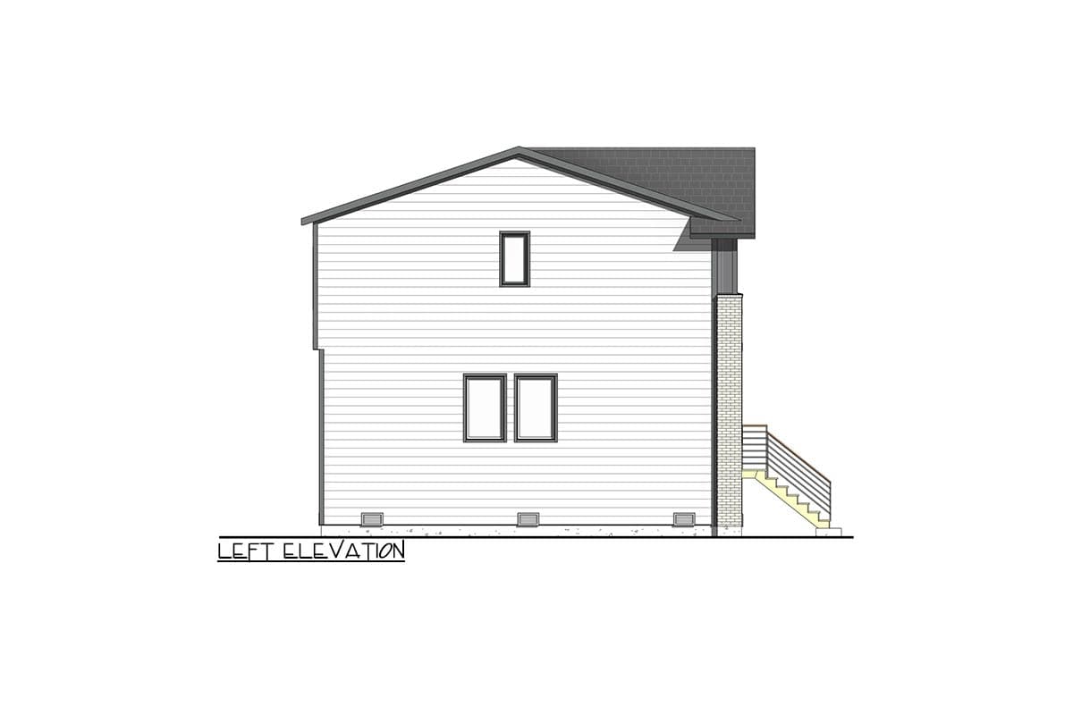 Left elevation of a two-story house plan. Features include horizontal siding, brick accent on right, and exterior stairs.