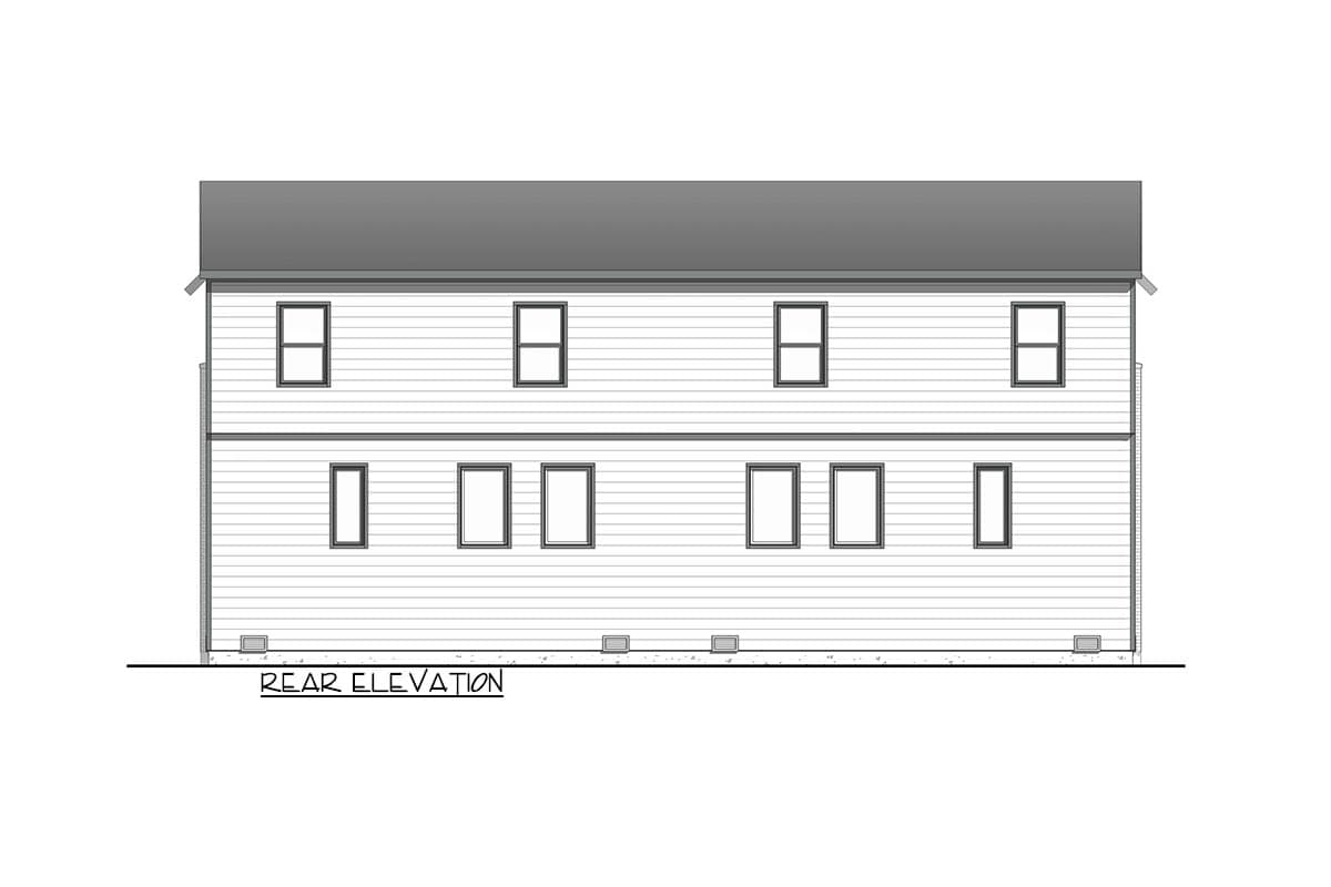 Rear elevation house plan drawing for a two-story building with horizontal siding and evenly spaced windows.