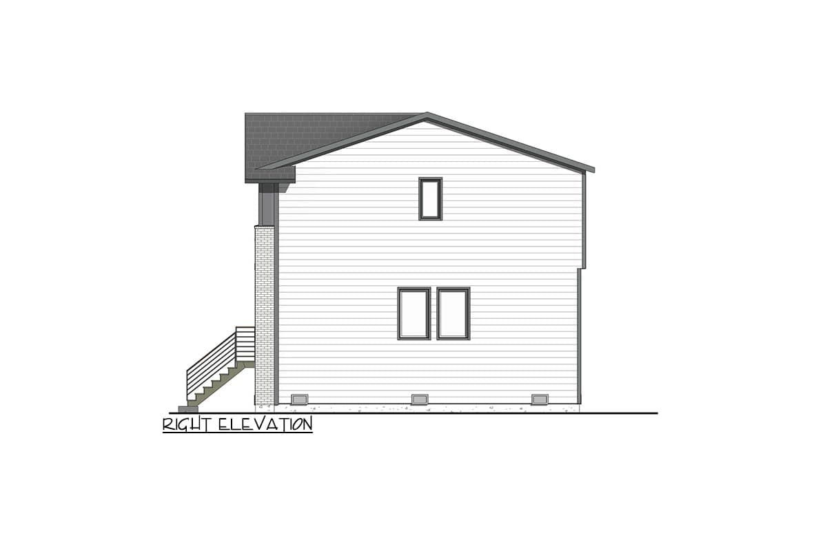 Right elevation drawing of a two-story house plan with horizontal siding, two windows on the upper level, and stairs leading to the main level.