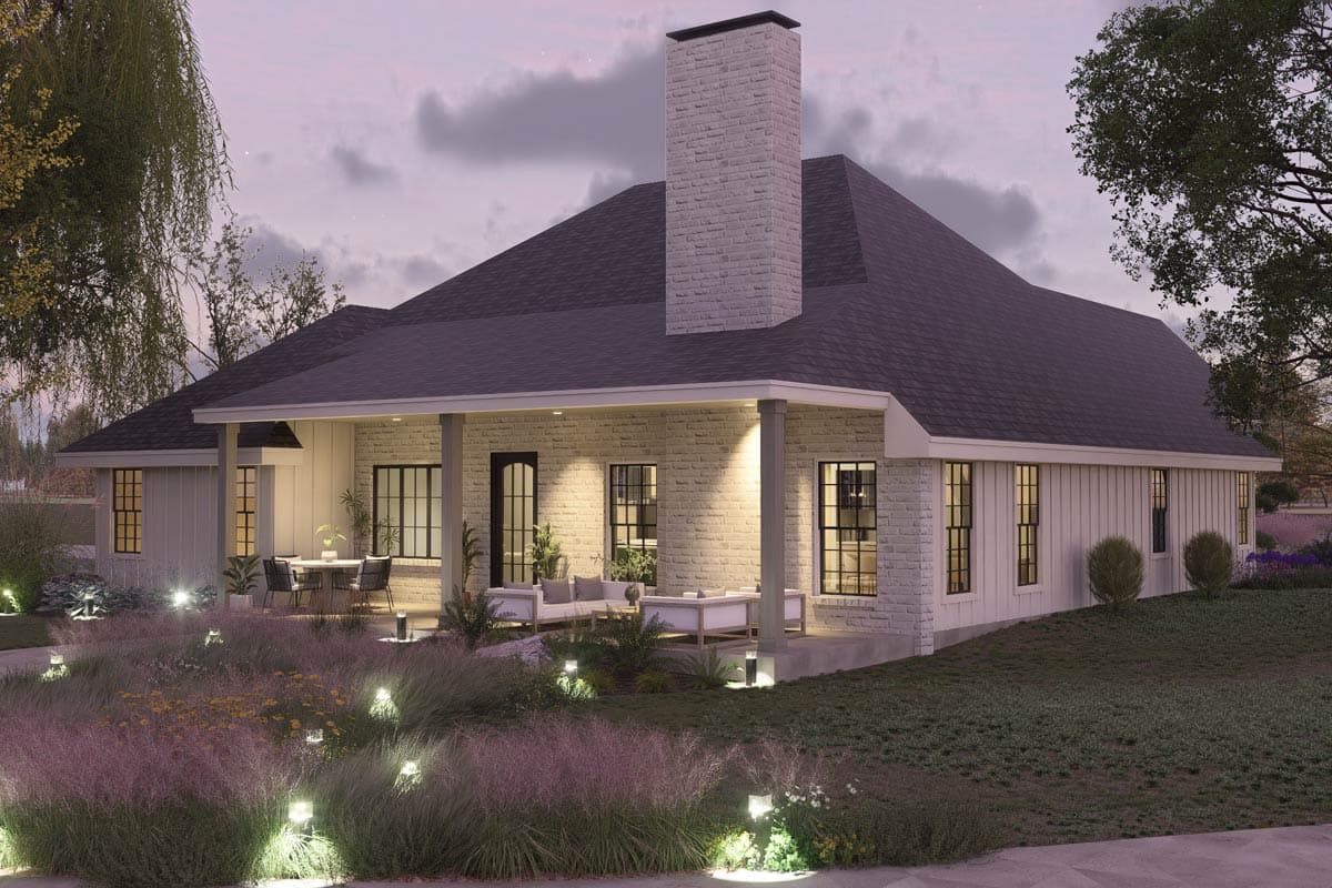 House plan exterior rendering: One-story Modern Farmhouse with a covered porch, large stone chimney, and board-and-batten siding.