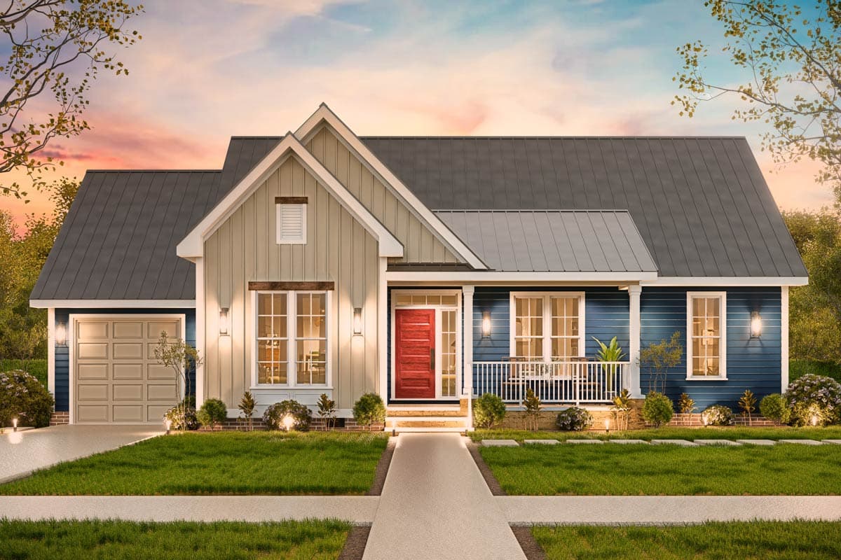 House plan exterior: Modern Farmhouse style, one story, with gabled rooflines, side-entry garage, and covered front porch.