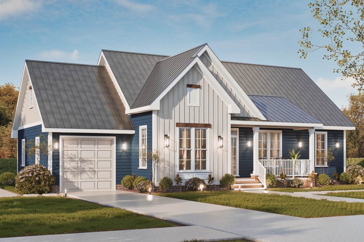 House plan exterior: Modern Farmhouse style, one story, with a metal roof, prominent gable, attached garage, and covered front porch.