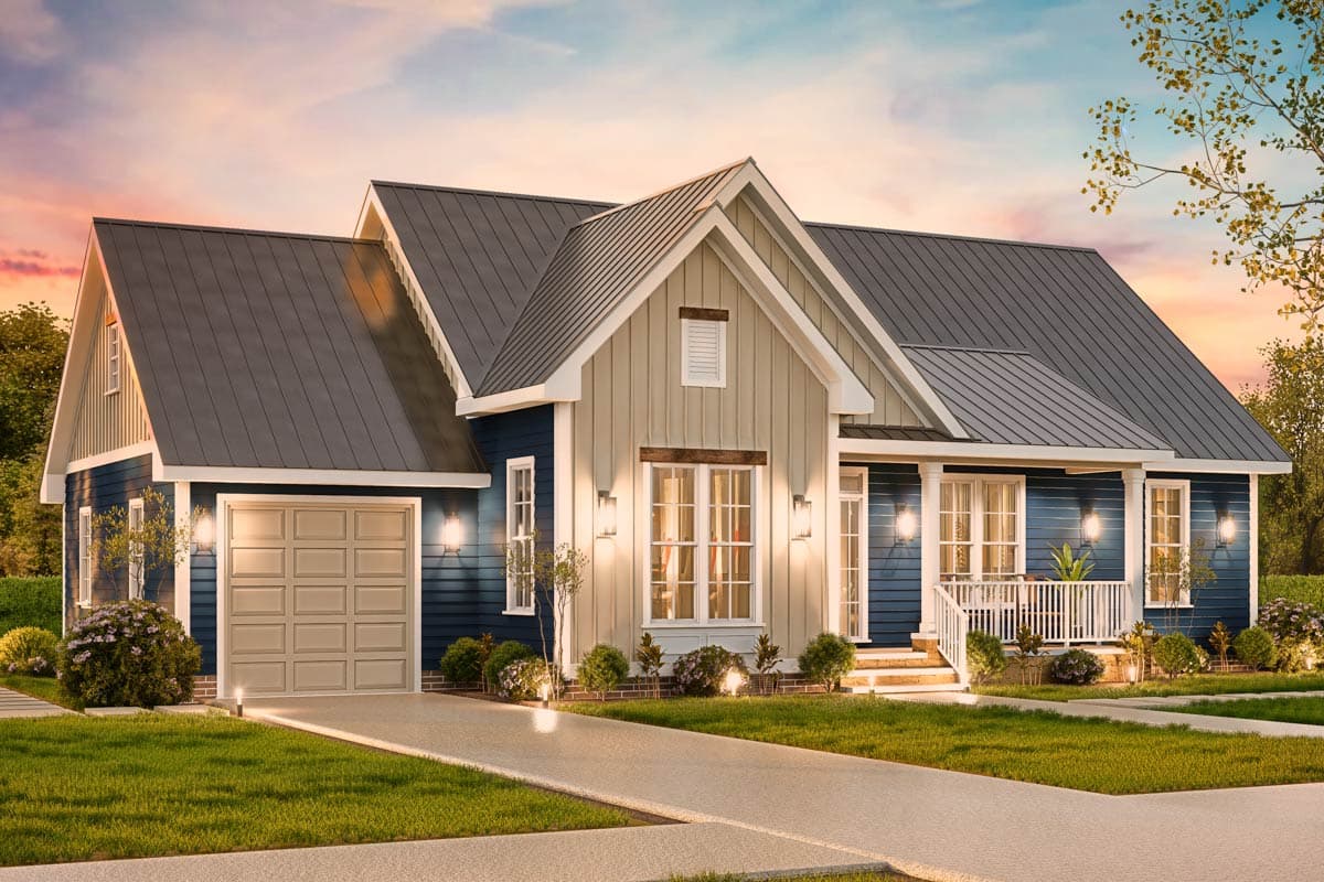 Modern Farmhouse house plan exterior with a two-car garage, gabled rooflines, and a covered front porch.