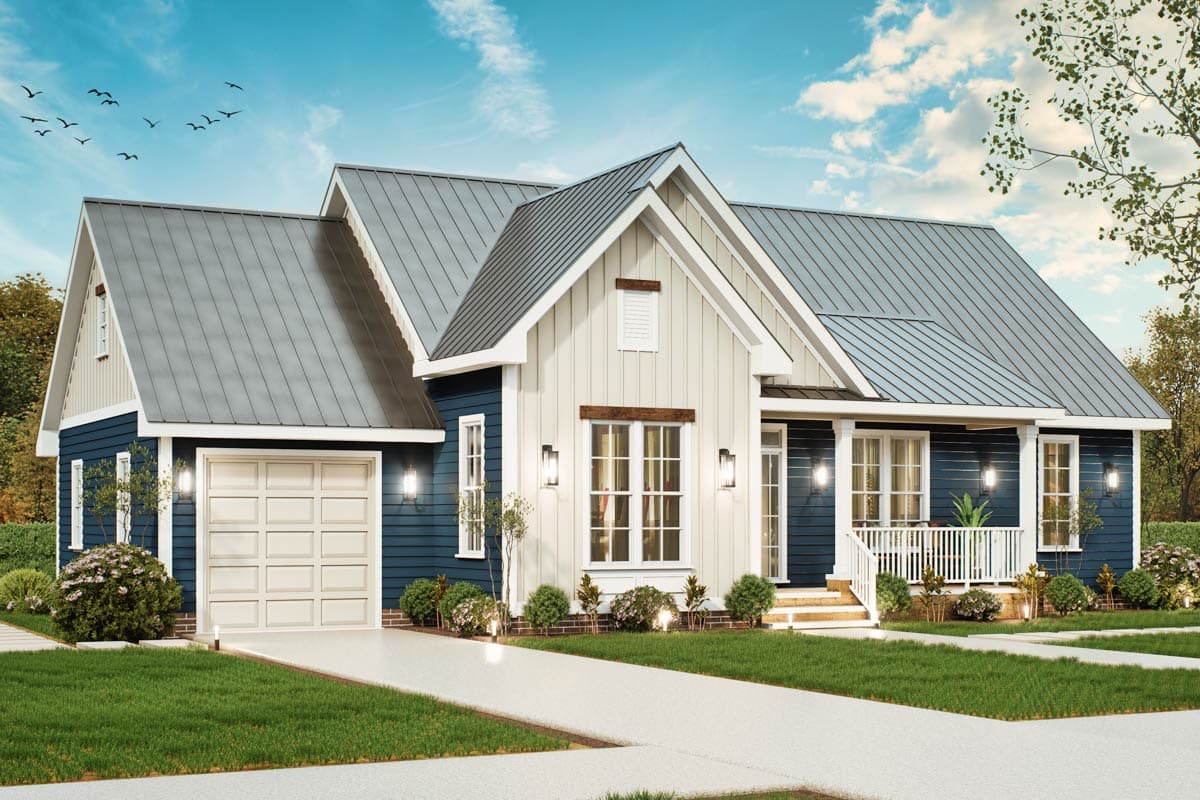 Modern Farmhouse house plan exterior with a two-car garage, metal roof, gable, and covered front porch.