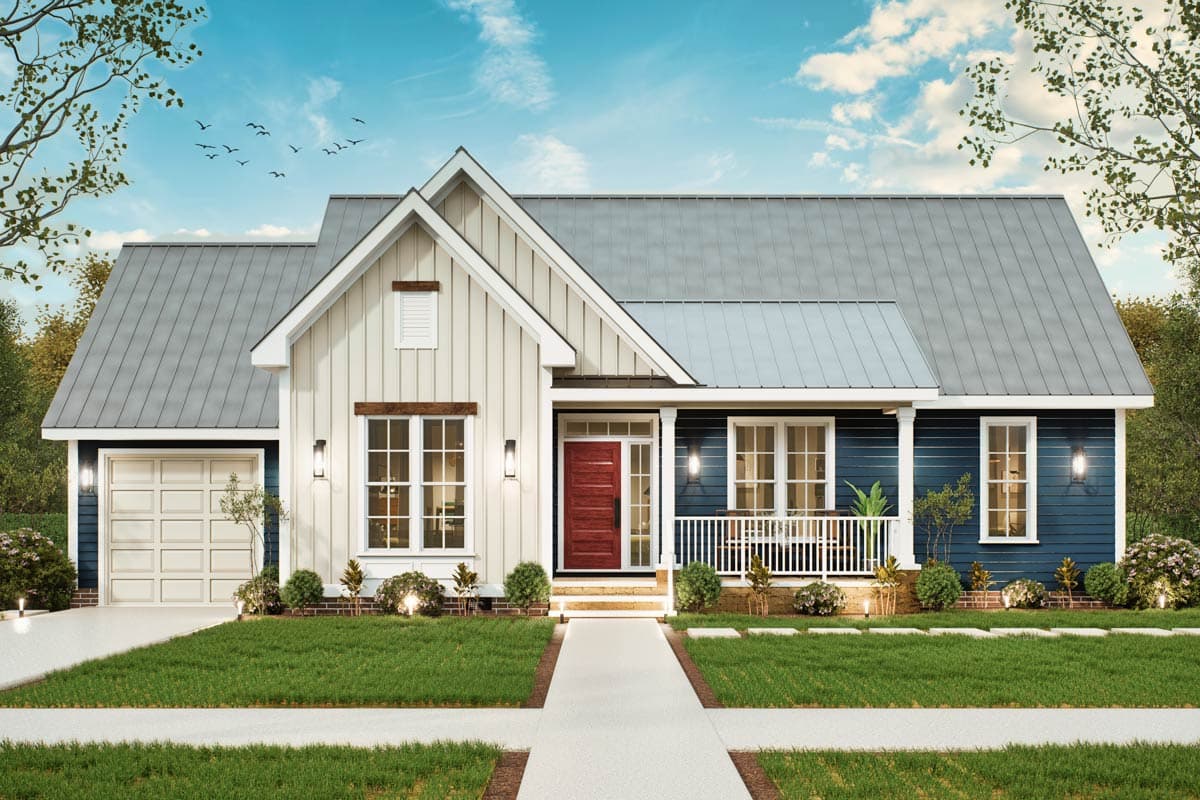 Modern Farmhouse style house plan exterior with vertical siding, gabled dormer, covered front porch, and side-entry garage.