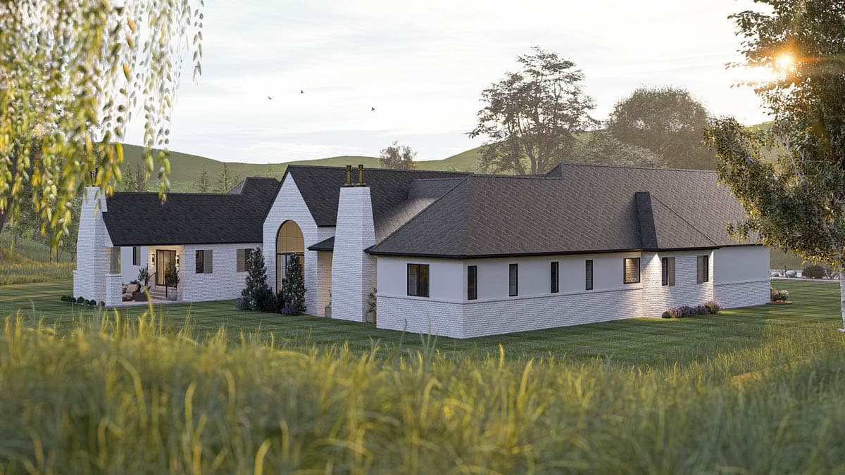 House plan exterior: Modern style, single-story with white brick base, large gable with arched window, prominent chimney, and dark asphalt roof.