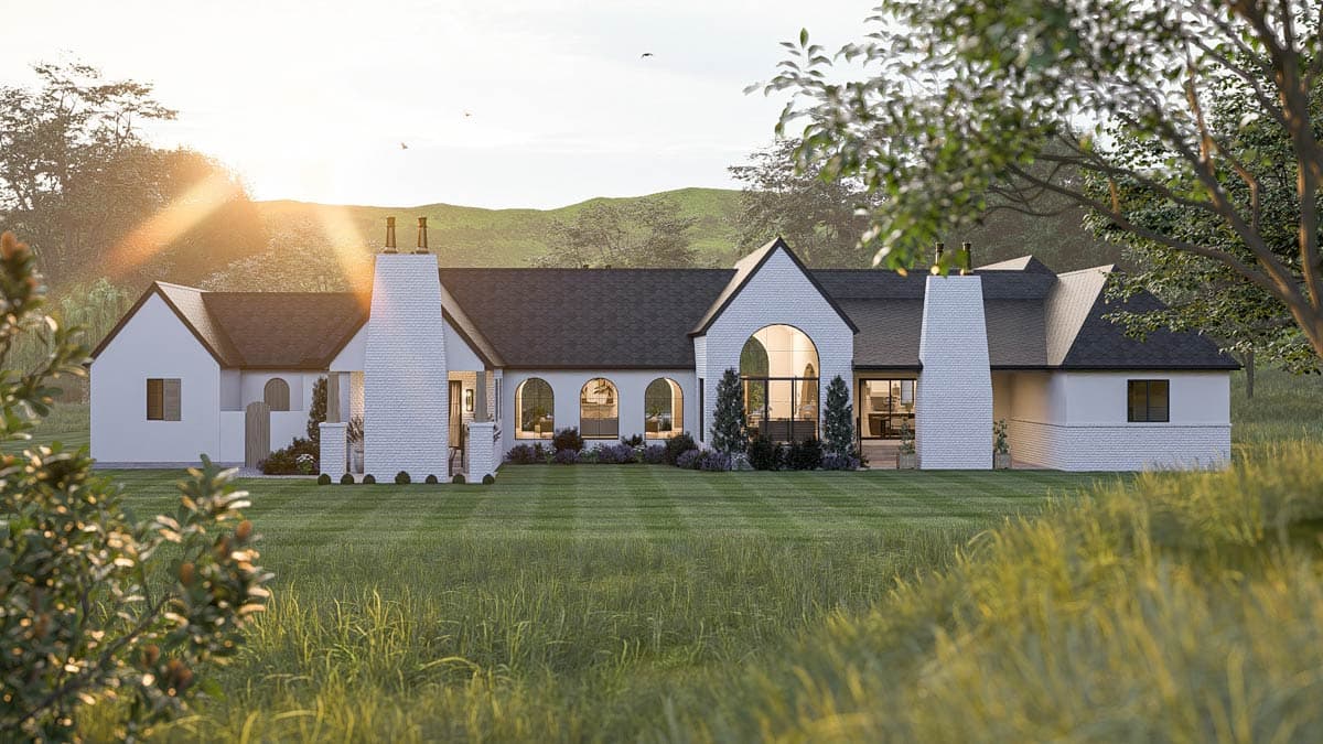 House plan exterior: Modern Farmhouse style, one story, with white brick accents, gables, arched windows, and prominent chimneys.