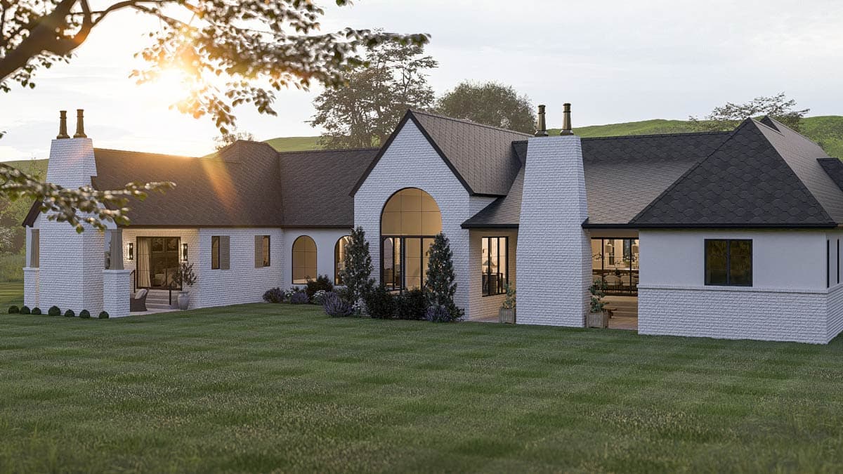 House plan exterior, modern style, white brick, prominent gables, arched windows, and dual chimneys.