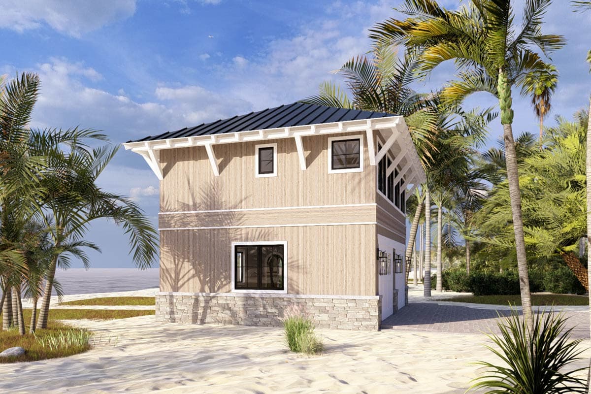 House plan exterior: two-story coastal home with wood siding, stone foundation, metal roof, and decorative rafters.