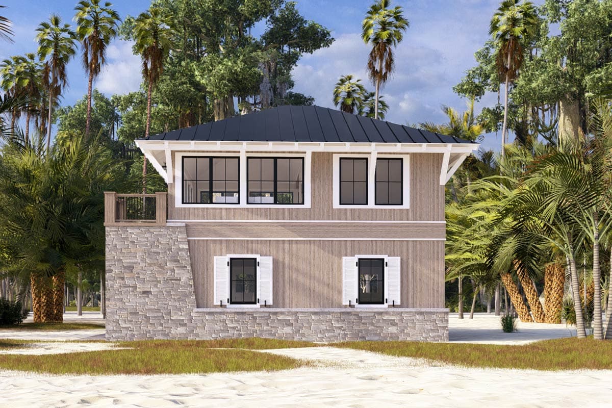 House plan exterior: two-story home with stone base, wood siding, metal roof, balcony, and multi-pane windows.