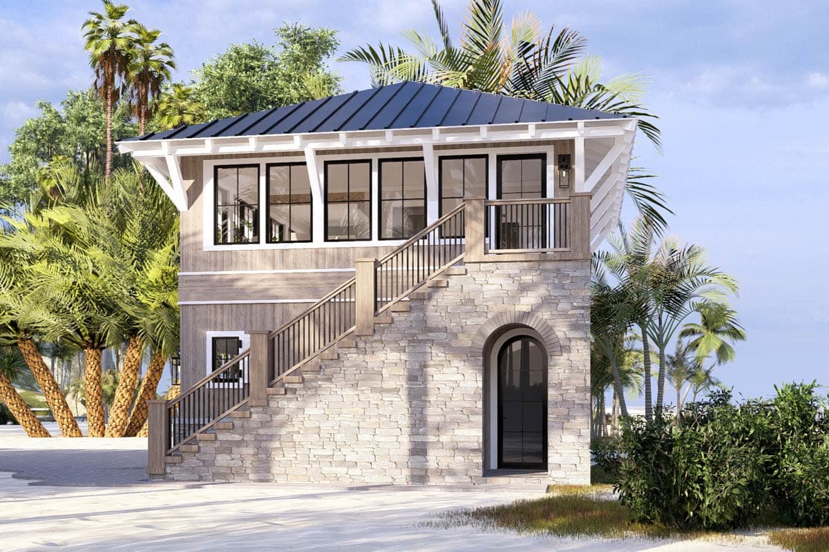 House plan exterior: two-story structure with stone base, wood siding upper, metal roof, arched entryway, and exterior stairs.