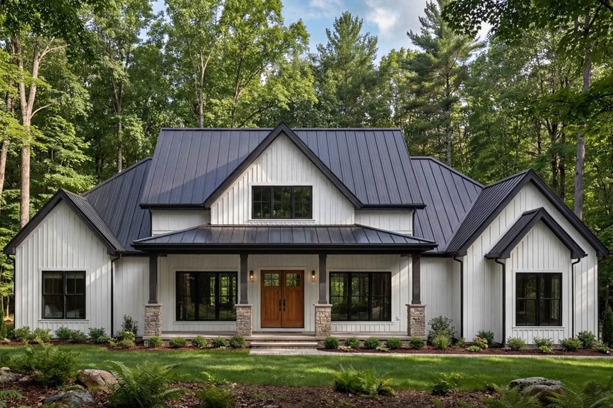 Modern Farmhouse house plan exterior with a dark metal roof, board and batten siding, stone-accented porch columns, and double entry doors.