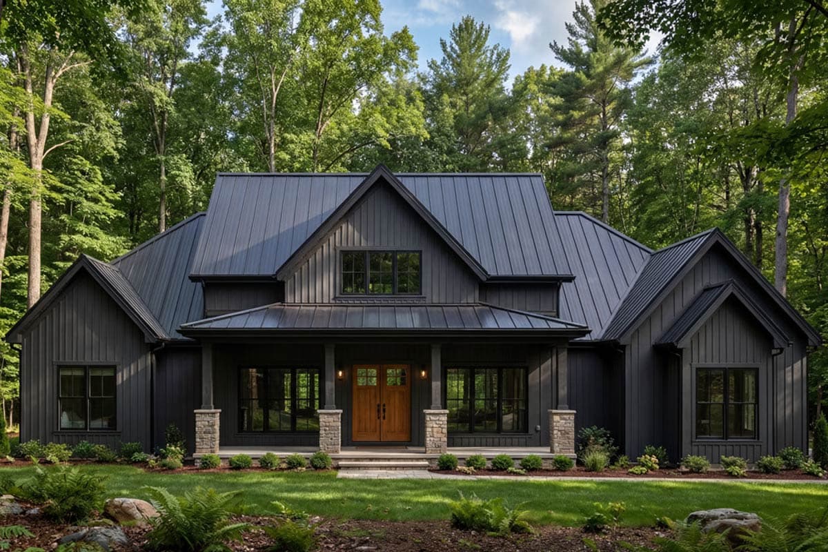House plan exterior. Modern farmhouse style with gabled roof, covered porch with stone columns, and board-and-batten siding.