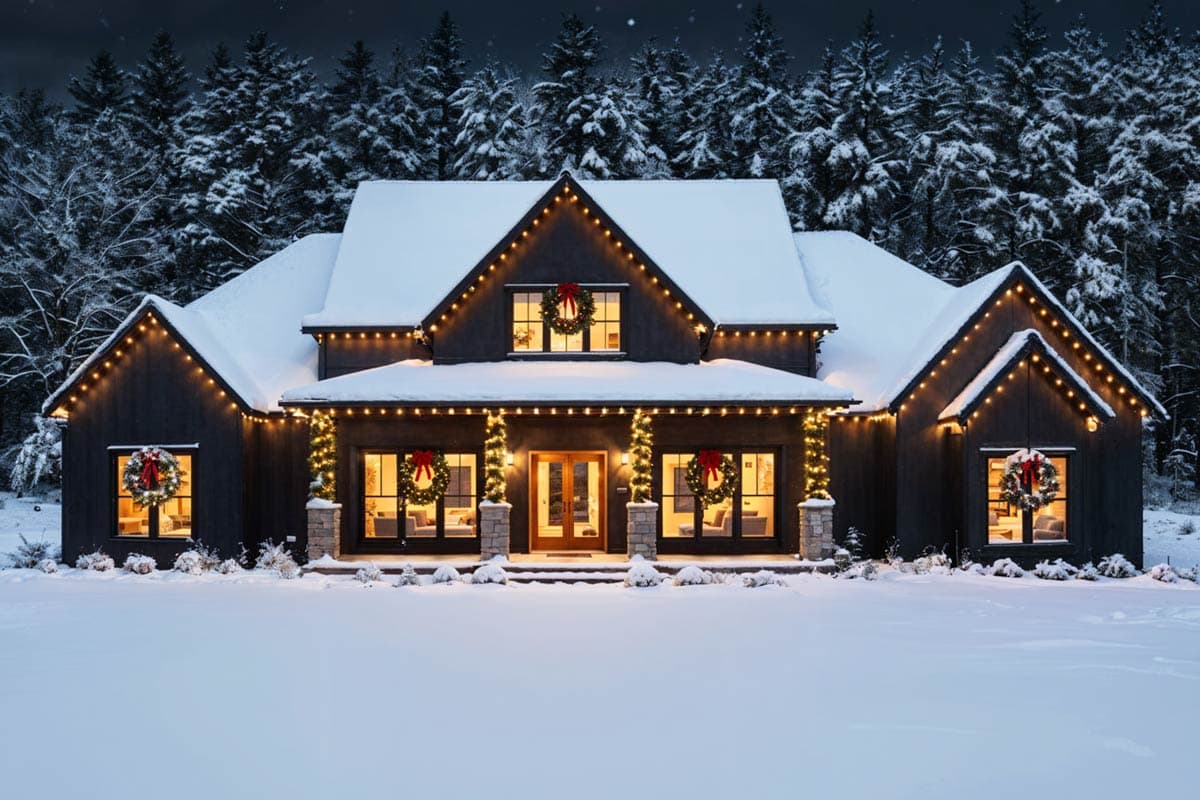 Modern Farmhouse house plan exterior with snow, porch, gables, dormers, and decorative lighting.