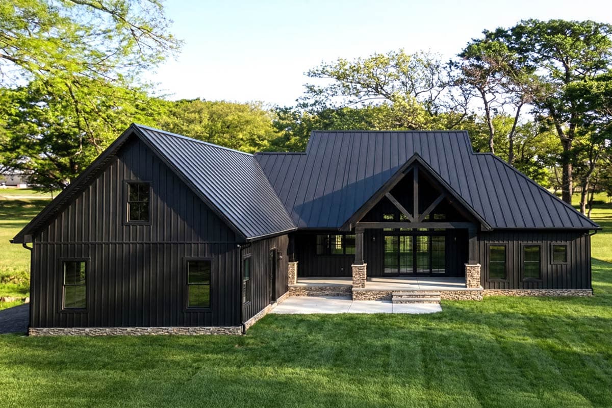 Modern Farmhouse house plan exterior with dark vertical siding, stone foundation, prominent gables, and a covered entrance.
