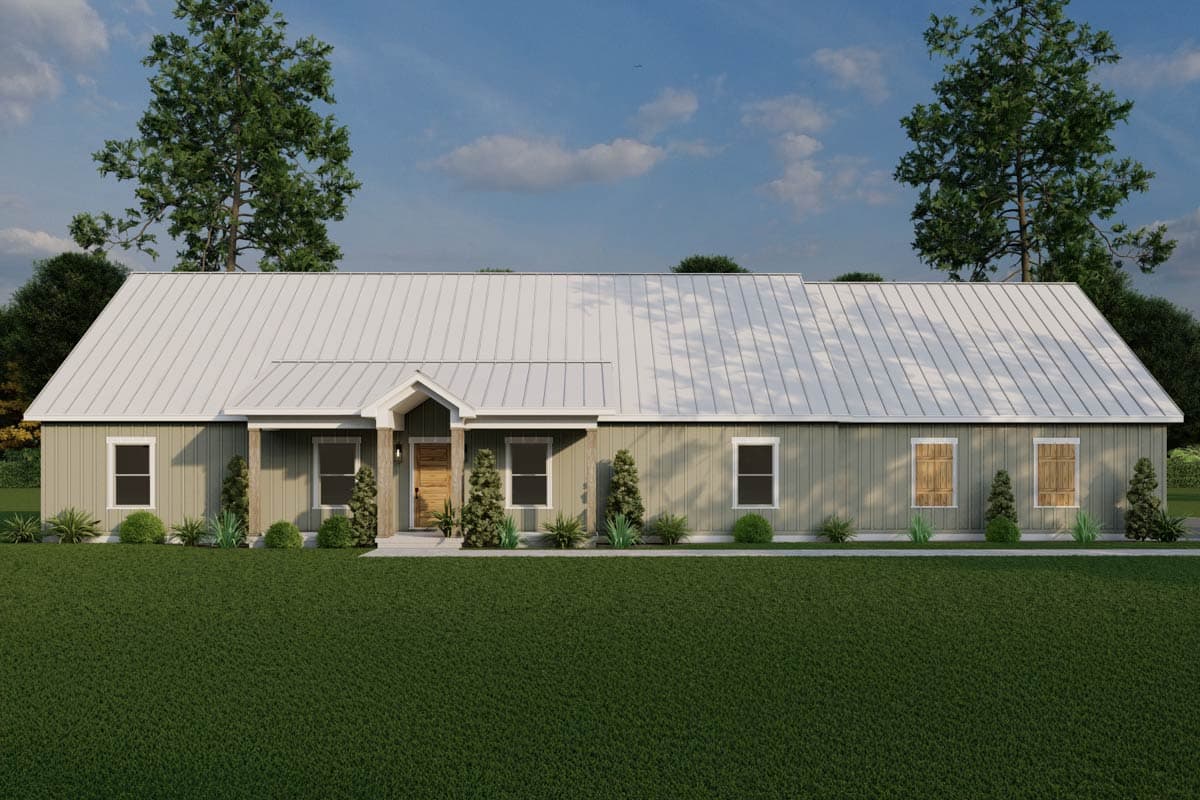 House plan exterior. Ranch style with a metal roof. Features include a covered front porch, gabled entry, and board and batten siding.