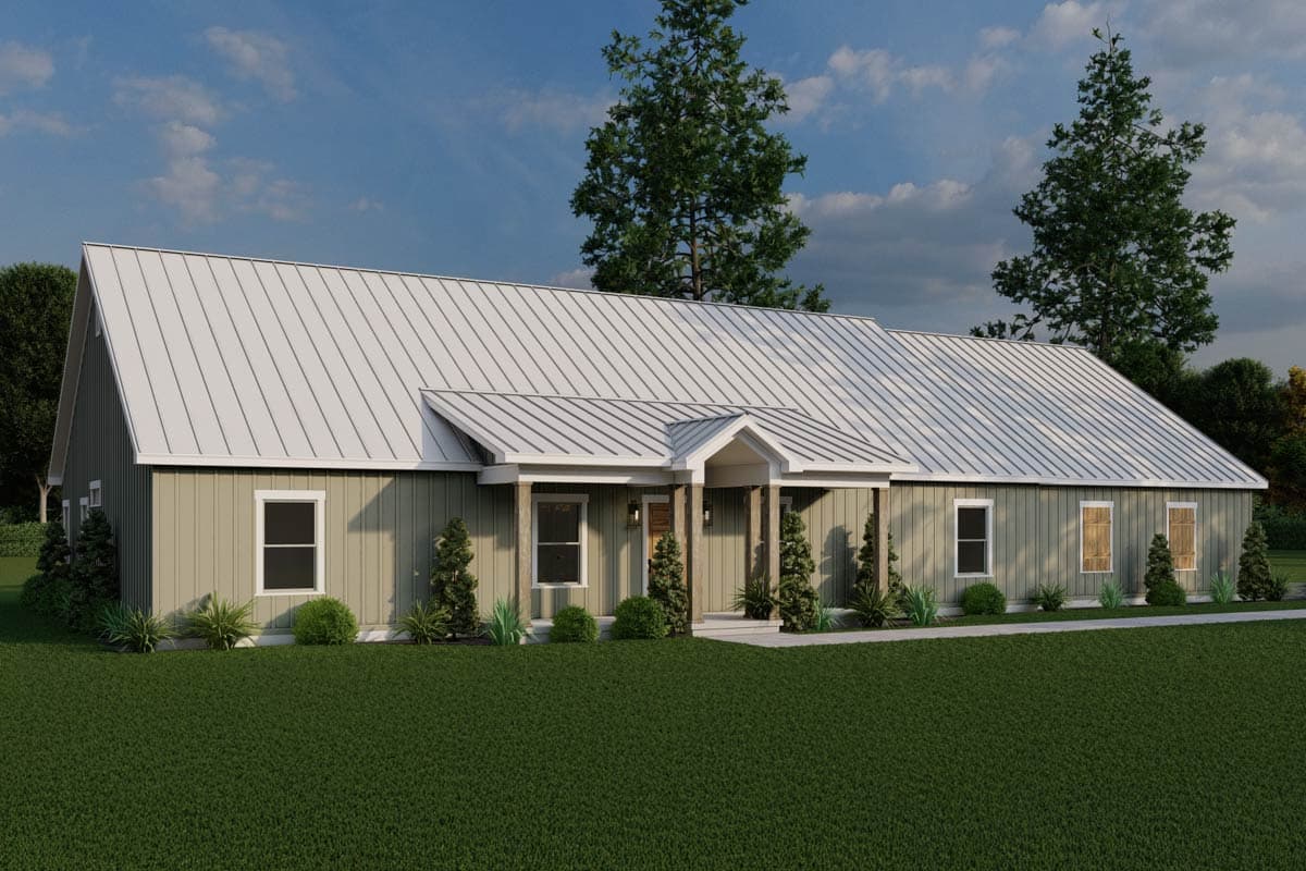 House plan exterior: single-story Modern Farmhouse with metal roof, covered entry porch with columns, and board and batten siding.