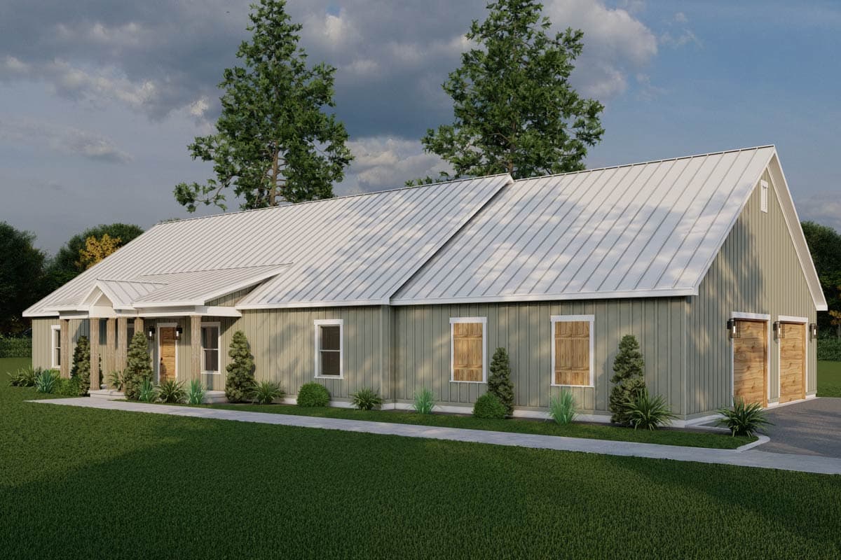 House plan exterior: Ranch-style, single-story with a gabled entry porch, metal roof, and a three-car garage.
