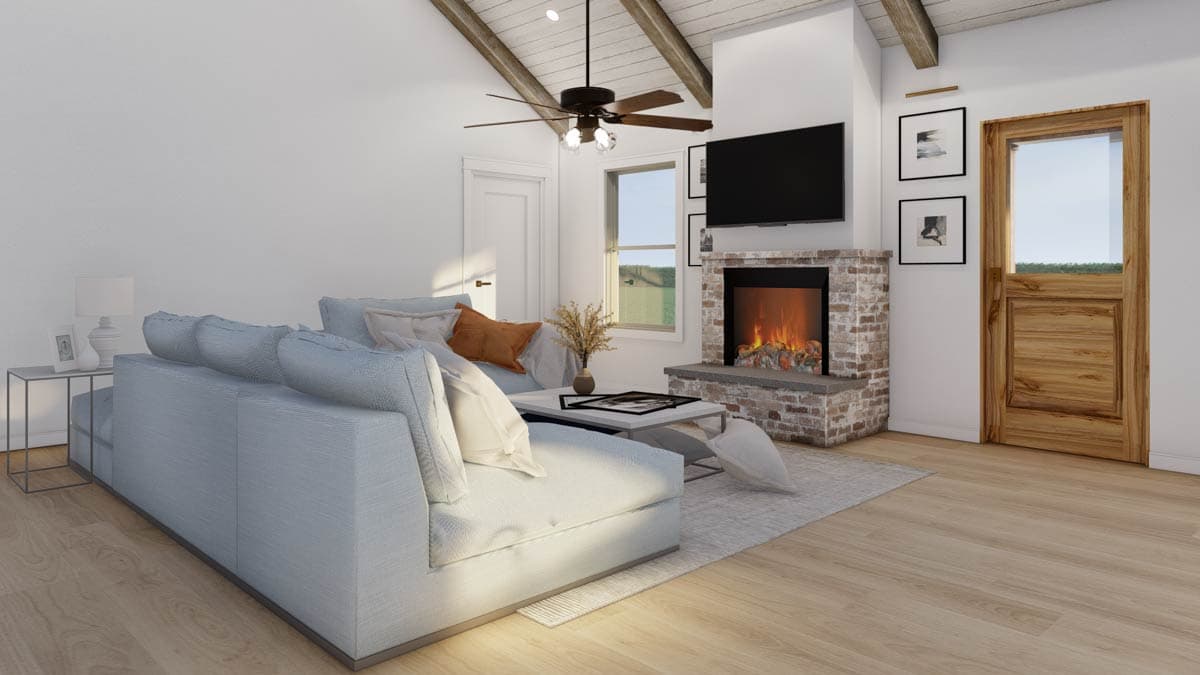 Plan 70933MK: Country Barndominium House Plan with Split Beds, Office, and Outdoor Fireplace - Image #7 - Barndominium, Country