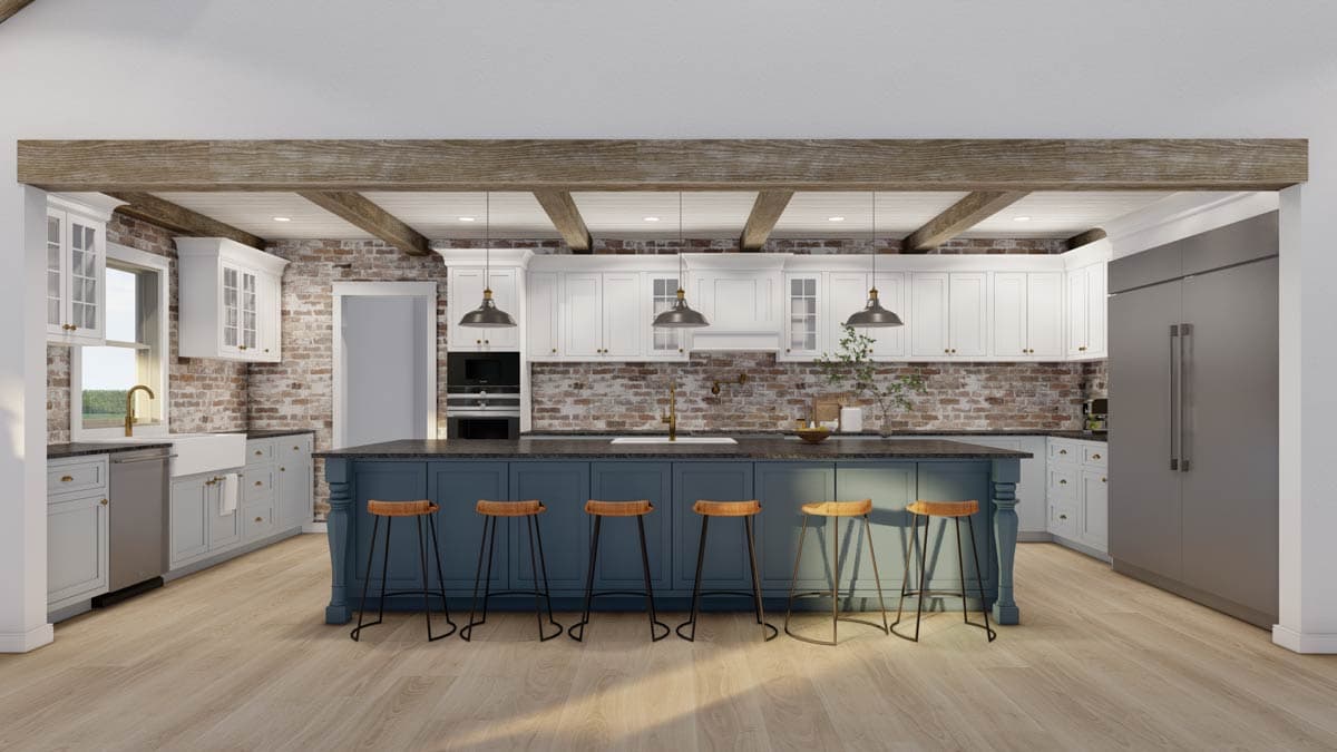 Kitchen with large island, white cabinets, brick backsplash, exposed wooden beams, and pendant lighting.