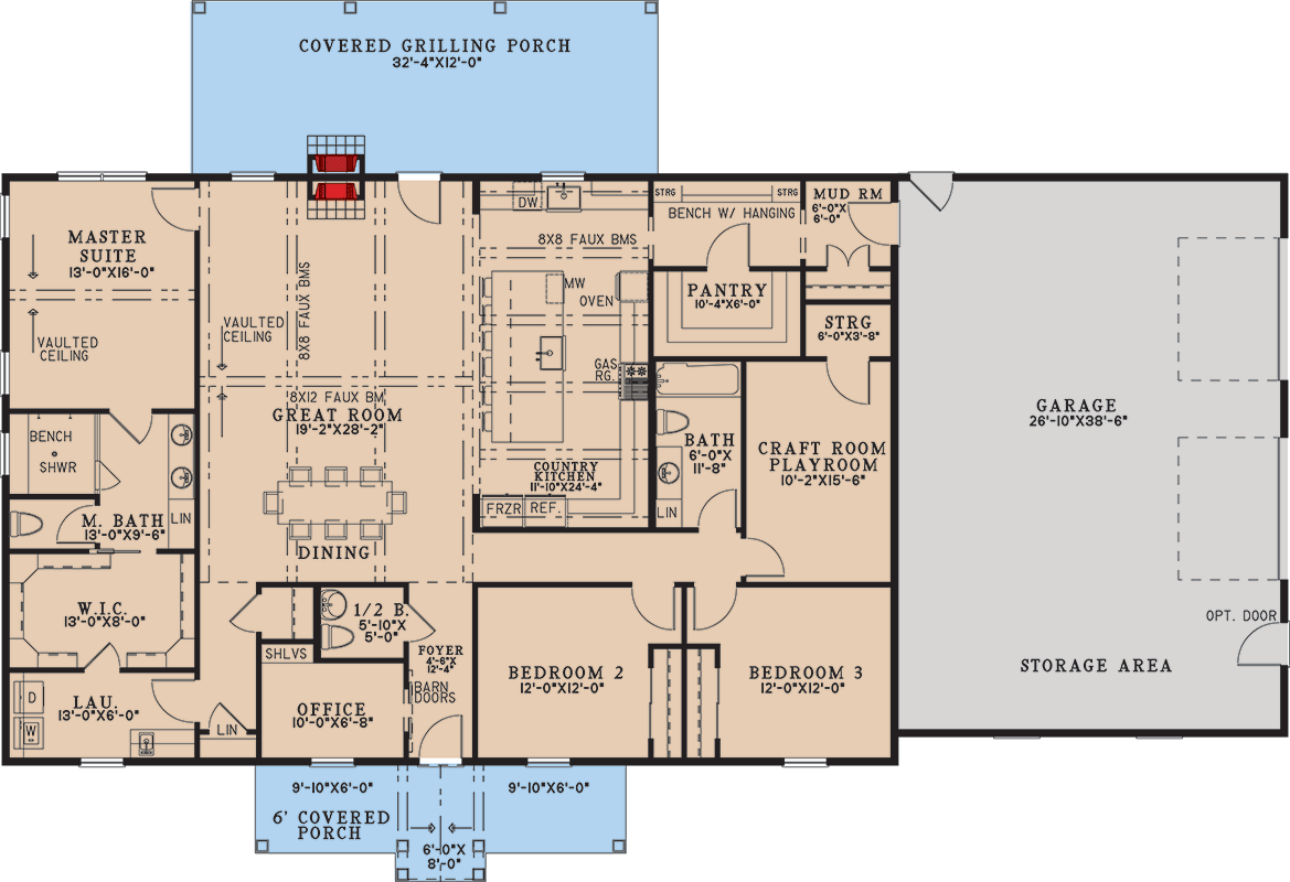 Plan 70933MK: Country Barndominium House Plan with Split Beds, Office, and Outdoor Fireplace - Floor Plan - Main Level - Barndominium, Country