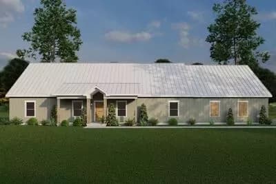 Country Barndominium House Plan with Split Beds, Office, and Outdoor Fireplace