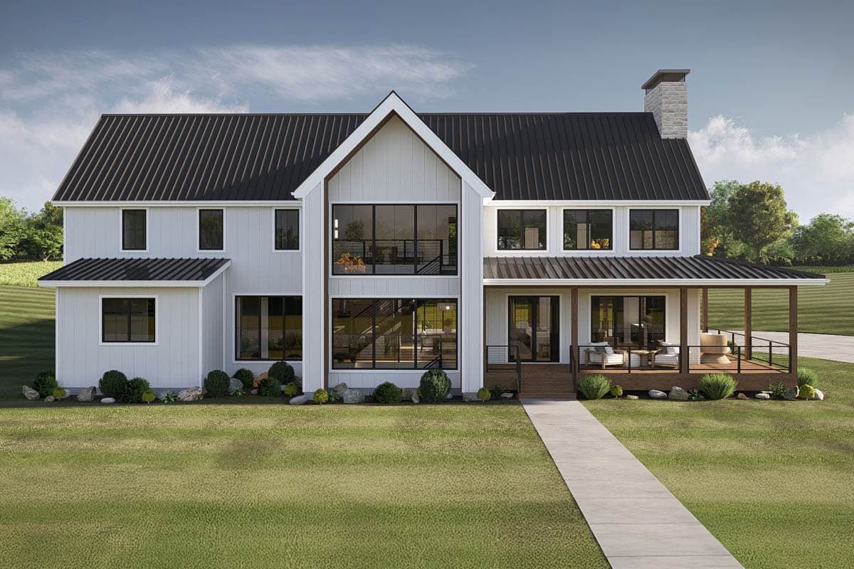 House plan exterior. Modern Farmhouse style, two-story home with gable roof, covered porch, and a prominent multi-story window feature.