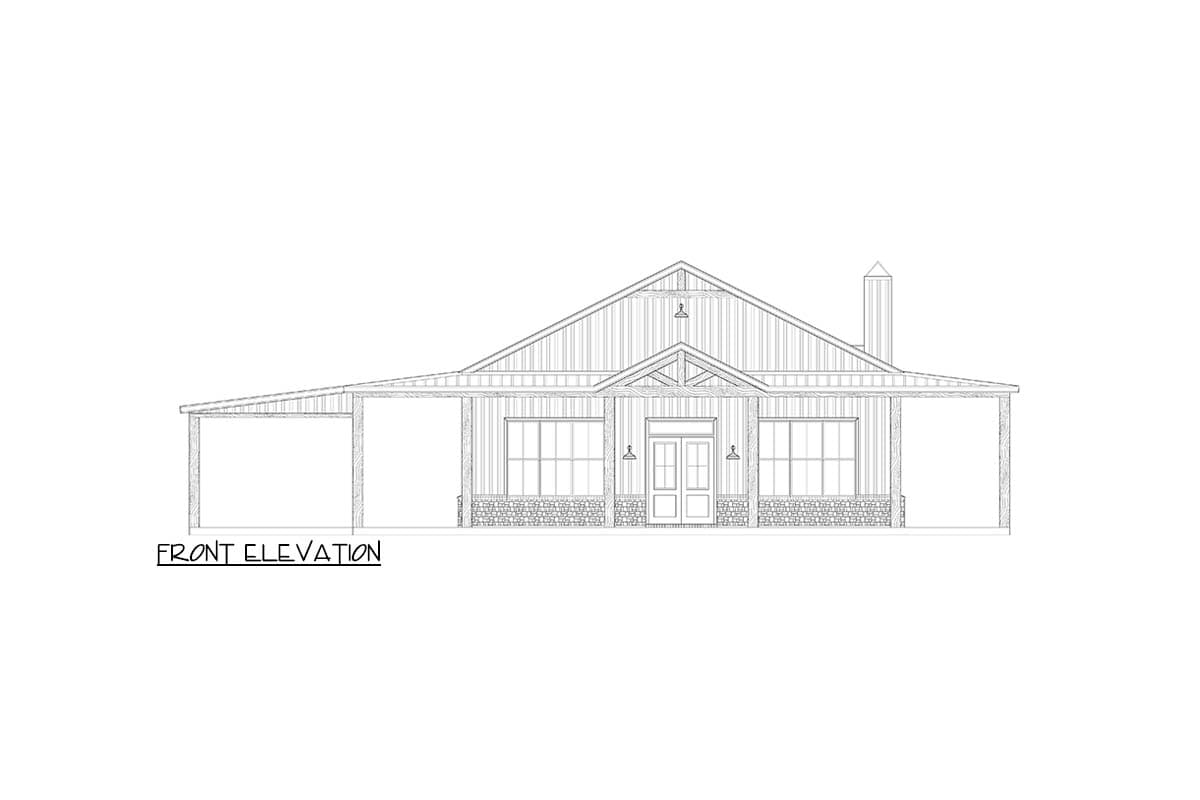 Front elevation drawing of a single-story house plan with a prominent gable, stone base, double door entry, and covered porch.